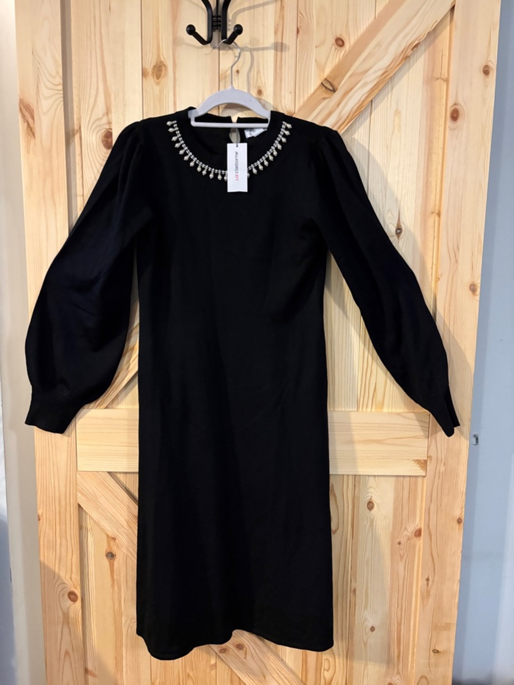 Liz Claiborne Black Sweater Dress Pearl Rhinestone Neckline Long Sleeve M NWT